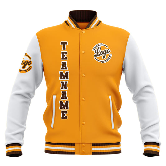 Benutzerdefiniert Gelb Weiß Braun Wasserdichte Varsity Jacken Personalisiert genäht Name Nummer Logo zu Letterman Jacken