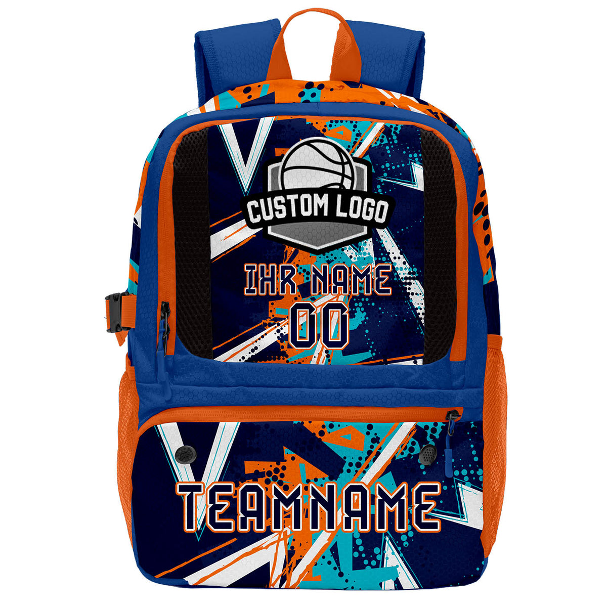 Individuell gestalteter Basketball - und Fußballrucksack in Dunkelblau - Orange mit personalisierten Spielernamen & Nummern und Teamlogos #BP-0919-0014