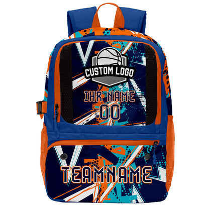 Individuell gestalteter Basketball - und Fußballrucksack in Dunkelblau - Orange mit personalisierten Spielernamen & Nummern und Teamlogos #BP-0919-0014
