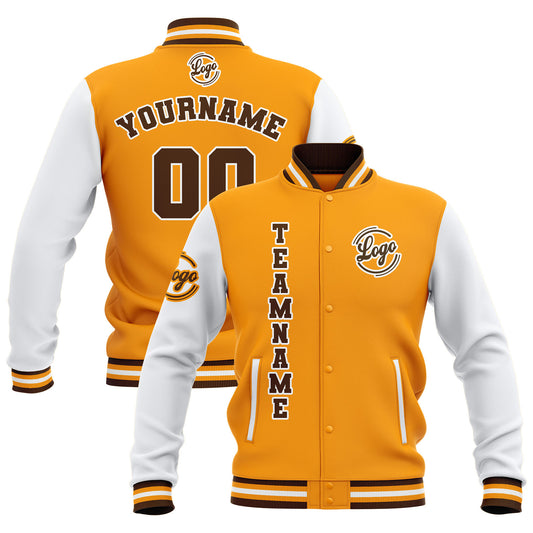 Benutzerdefiniert Gelb Weiß Braun Wasserdichte Varsity Jacken Personalisiert genäht Name Nummer Logo zu Letterman Jacken