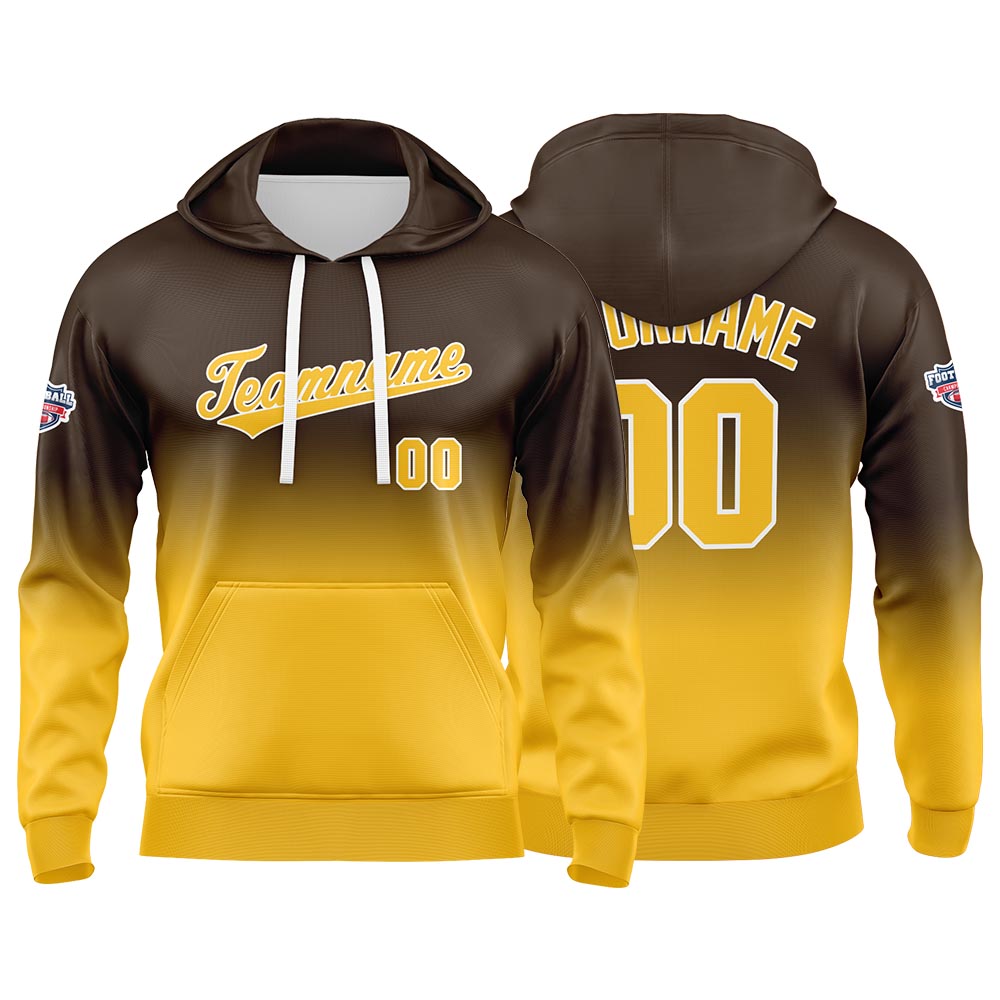 Benutzerdefinierter Verlauf Hoodie für Mann, Frau, Mädchen, Junge. Drucken Sie Ihr Logo, Ihren Namen und Ihre Nummer Braun Gelb