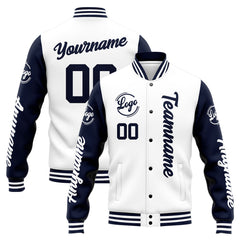 Benutzerdefinierte Varsity-Jacke. Letterman-Jacke für Männer, Frauen und Jugendliche Marine Weiß