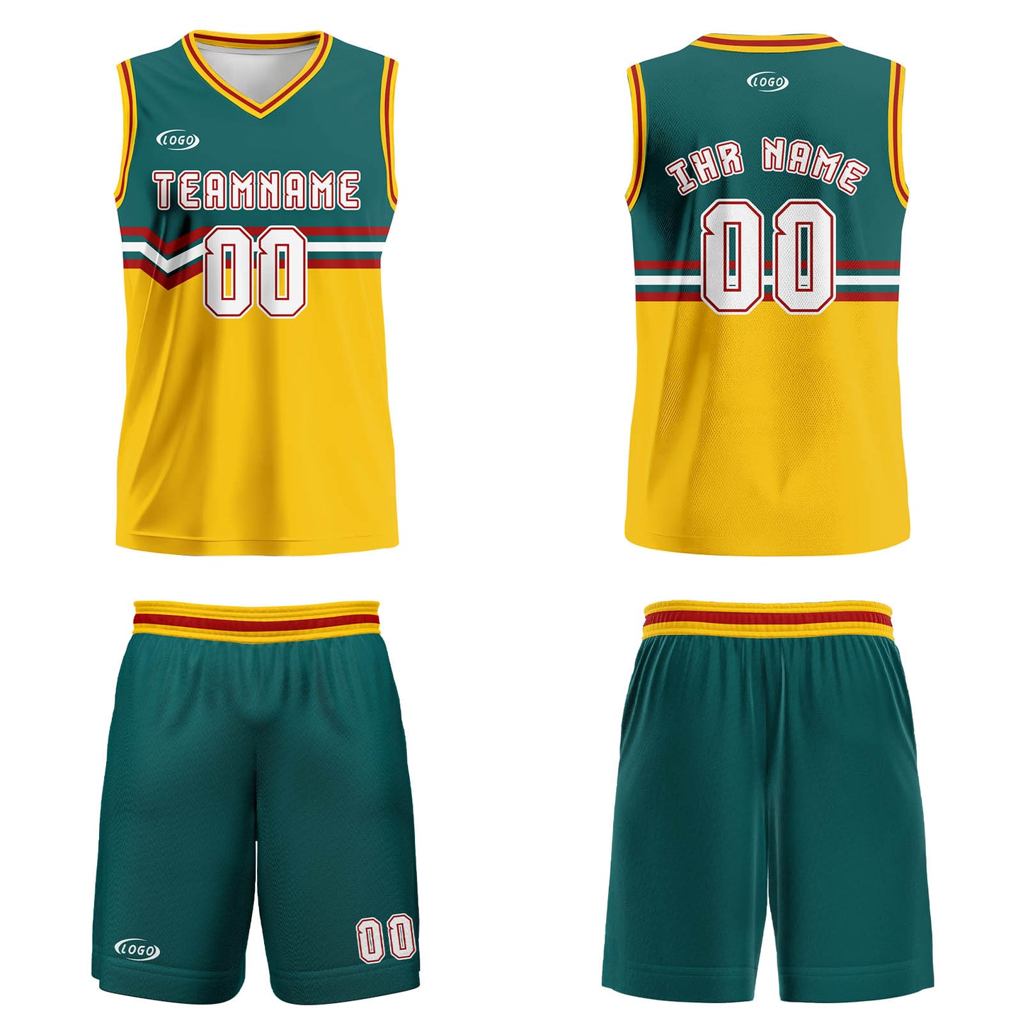 Benutzerdefinierter Grün Gelb Weiß Rot Basketball Jersey Uniform Anzug gedruckt Ihr Logo Name Nummer