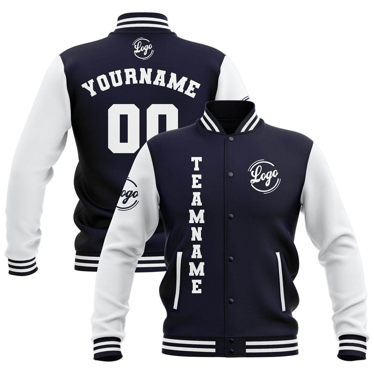 Benutzerdefiniert Marine Weiß Wasserdichte Varsity Jacken Personalisiert genäht Name Nummer Logo zu Letterman Jacken