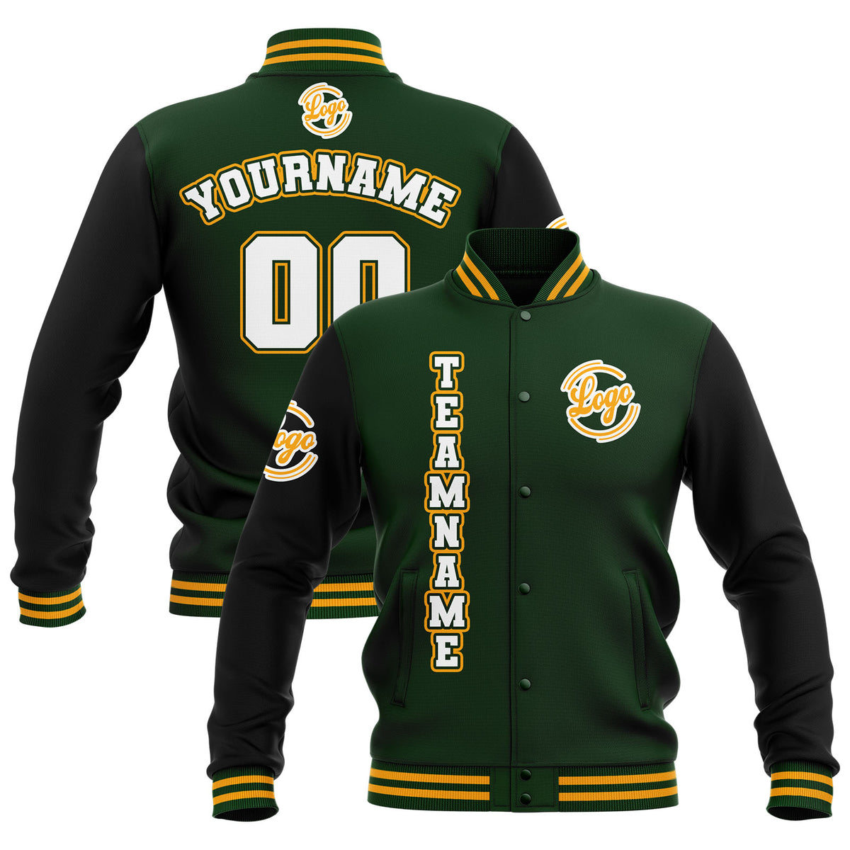 Benutzerdefiniert Schwarz Drak Grün Gelb Wasserdichte Varsity Jacken Personalisiert genäht Name Nummer Logo zu Letterman Jacken