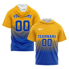 Benutzerdefinierte Gelb Blau Kurzarm-Kapuzenpullover für Männer Frauen Hemden mit Kapuzen gedruckt Name Logo