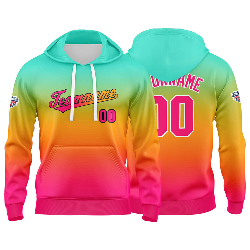 Benutzerdefinierter Verlauf Hoodie für Mann, Frau, Mädchen, Junge. Drucken Sie Ihr Logo, Ihren Namen und Ihre Nummer Grün Orange Pink