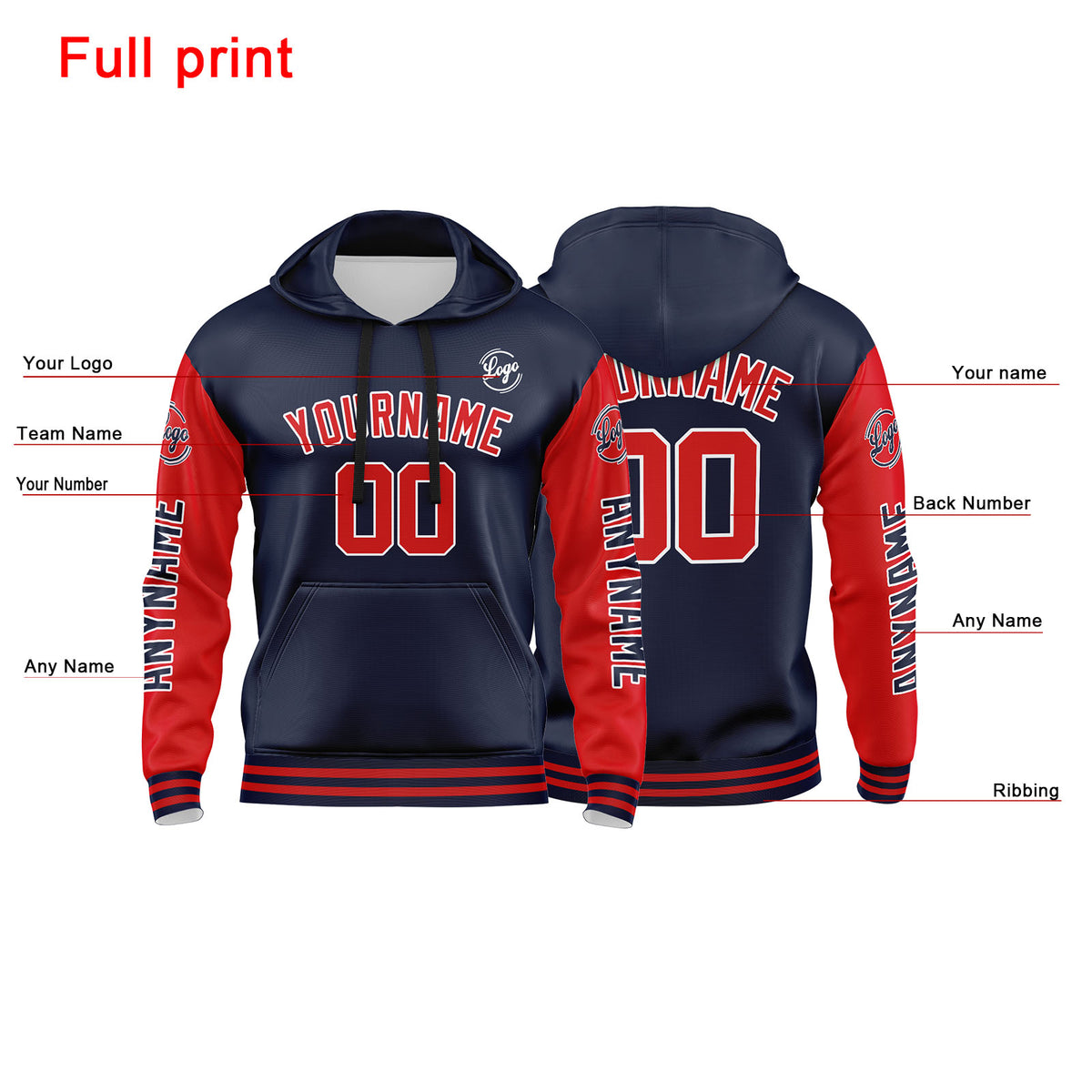 Benutzerdefinierter Marine Rot Hoodie für Mann, Frau, Mädchen, Junge. Drucken Sie Ihr Logo, Ihren Namen und Ihre Nummer