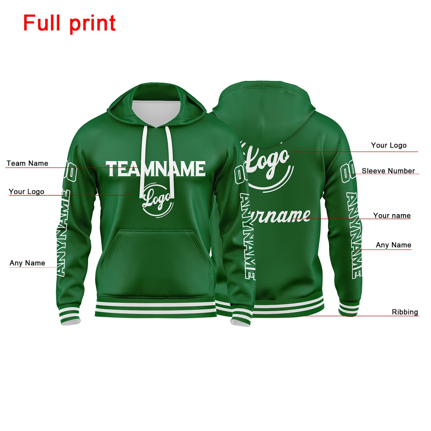 Benutzerdefinierter Grün Hoodie für Mann, Frau, Mädchen, Junge. Drucken Sie Ihr Logo, Ihren Namen und Ihre Nummer