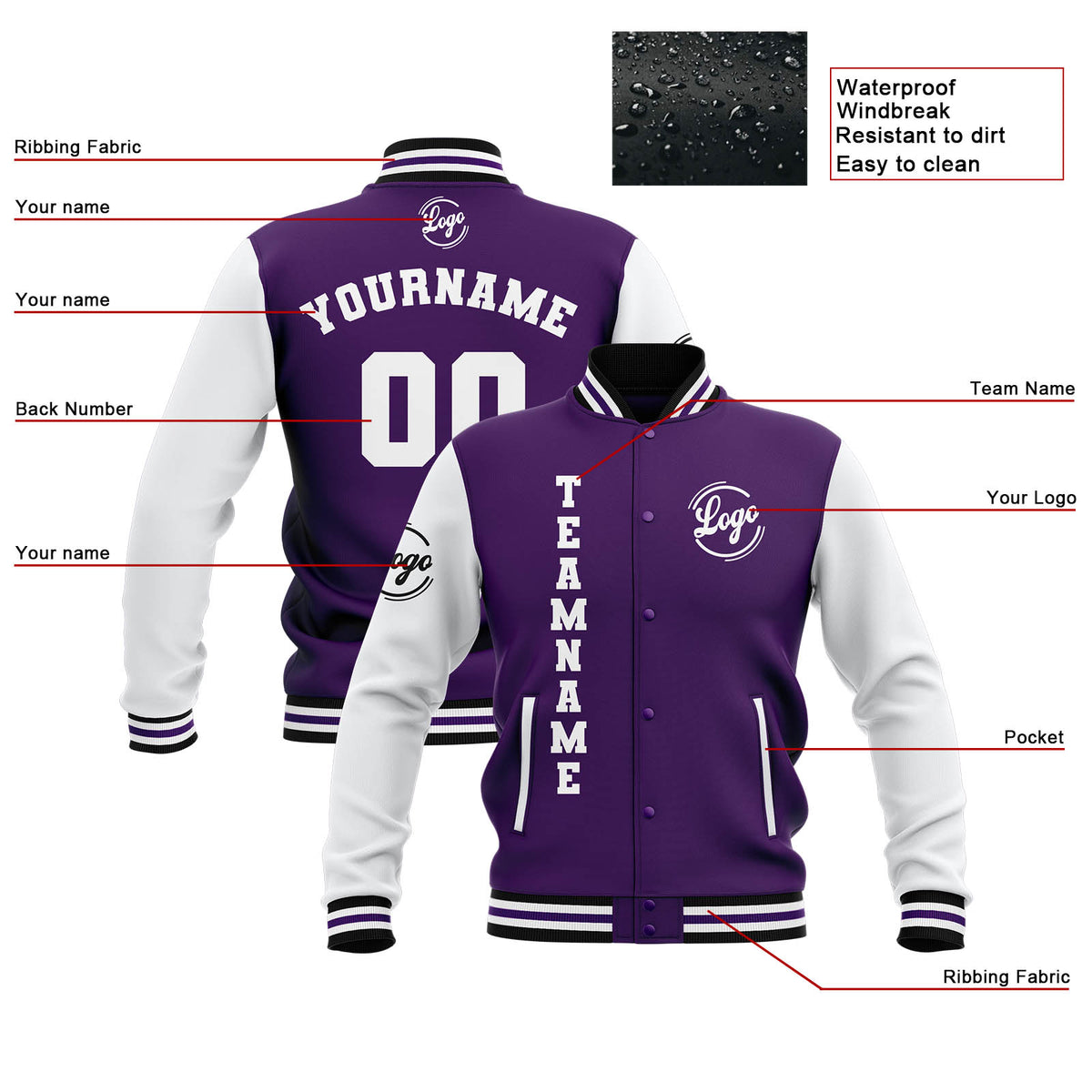 Benutzerdefiniert Lila Weiß Schwarz Wasserdichte Varsity Jacken Personalisiert genäht Name Nummer Logo zu Letterman Jacken