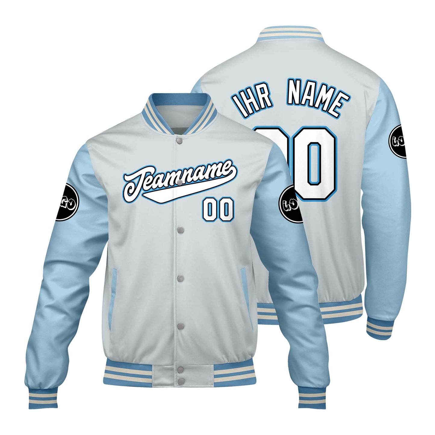 Maßgeschneiderte Hellgrau Blau Letterman Varsity Jacket Individuelle Stickerei Druck nach Ihrem Wunsch