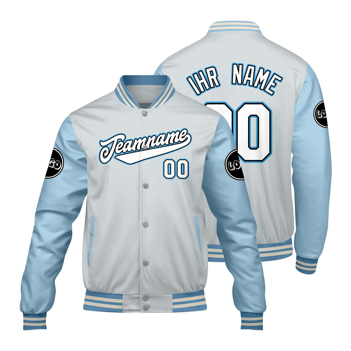 Maßgeschneiderte Hellgrau Blau Letterman Varsity Jacket Individuelle Stickerei Druck nach Ihrem Wunsch
