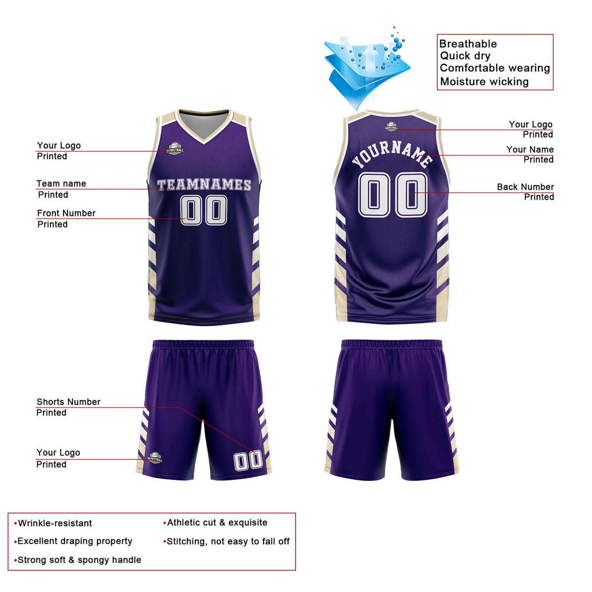 Benutzerdefinierte Lila Weiß Creme Reversible Basketball Jersey Personalisierte Print Name Nummer Logo