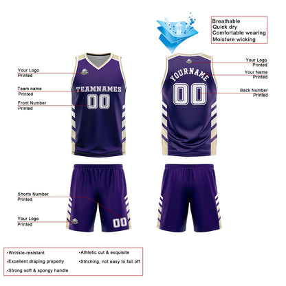 Benutzerdefinierte Lila Weiß Creme Reversible Basketball Jersey Personalisierte Print Name Nummer Logo
