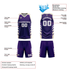 Benutzerdefinierte Lila Weiß Creme Reversible Basketball Jersey Personalisierte Print Name Nummer Logo