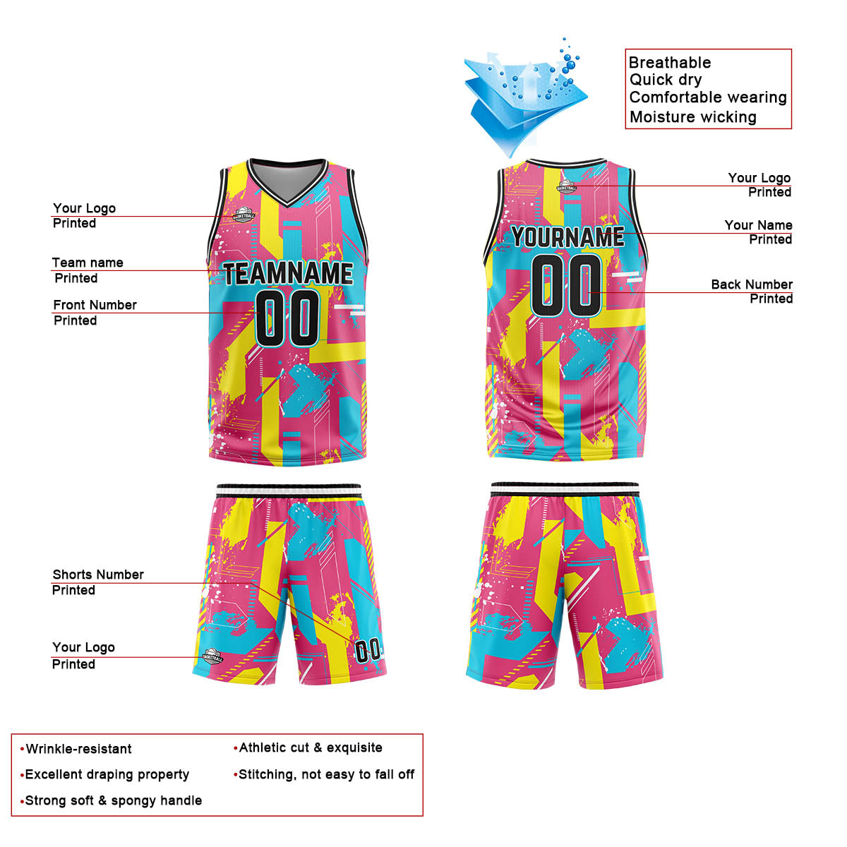 Benutzerdefinierte Rosa Gelb Reversible Basketball Jersey Personalisierte Print Name Nummer Logo
