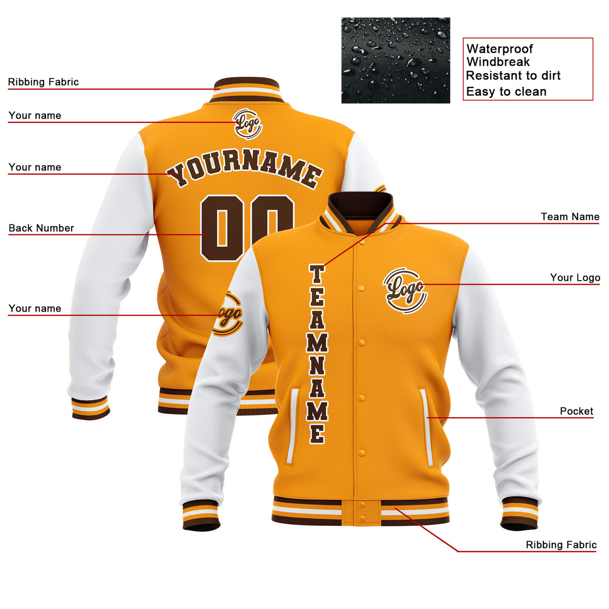 Benutzerdefiniert Gelb Weiß Braun Wasserdichte Varsity Jacken Personalisiert genäht Name Nummer Logo zu Letterman Jacken