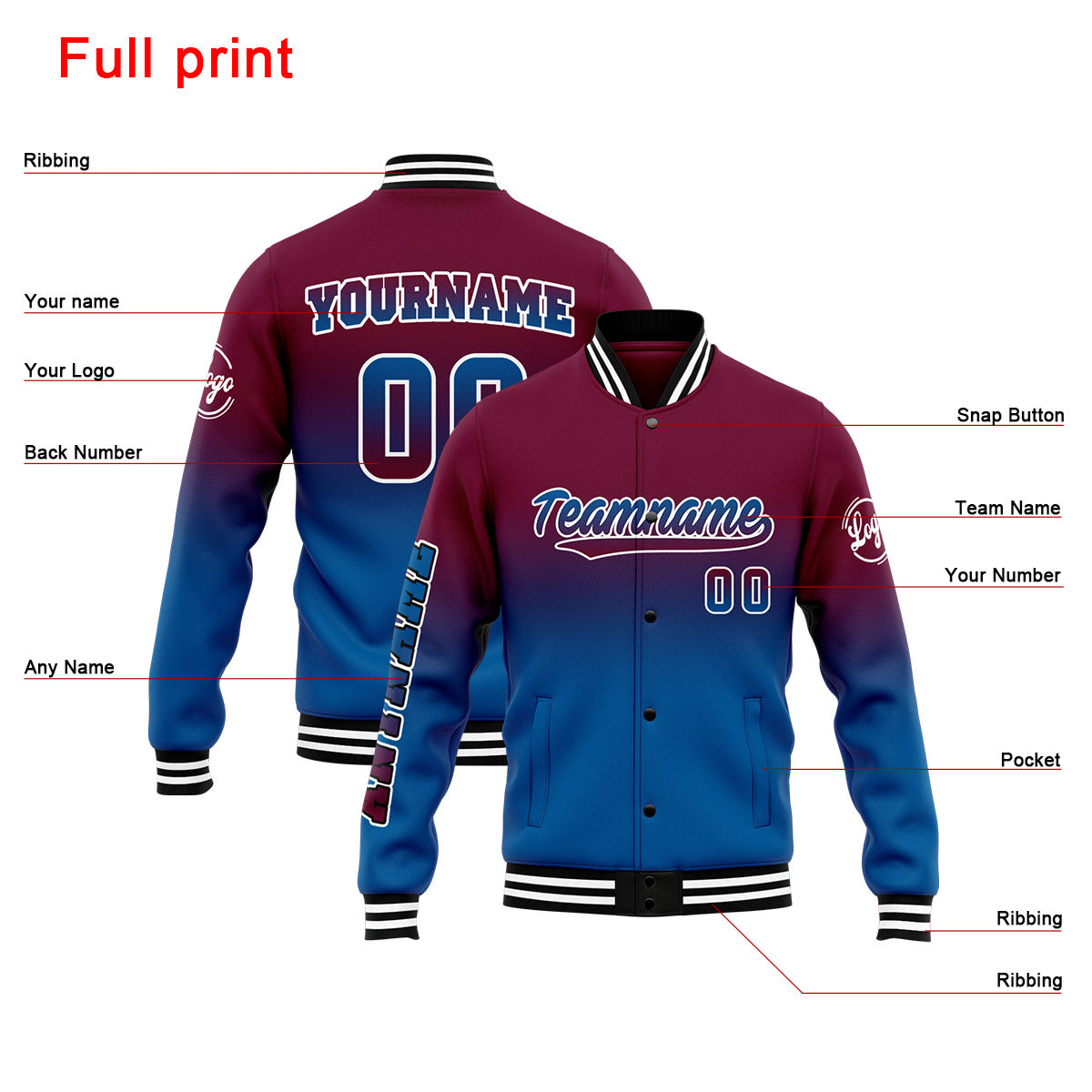 Benutzerdefinierte Verlauf Varsity-Jacke. Letterman-Jacke Burgunderblau