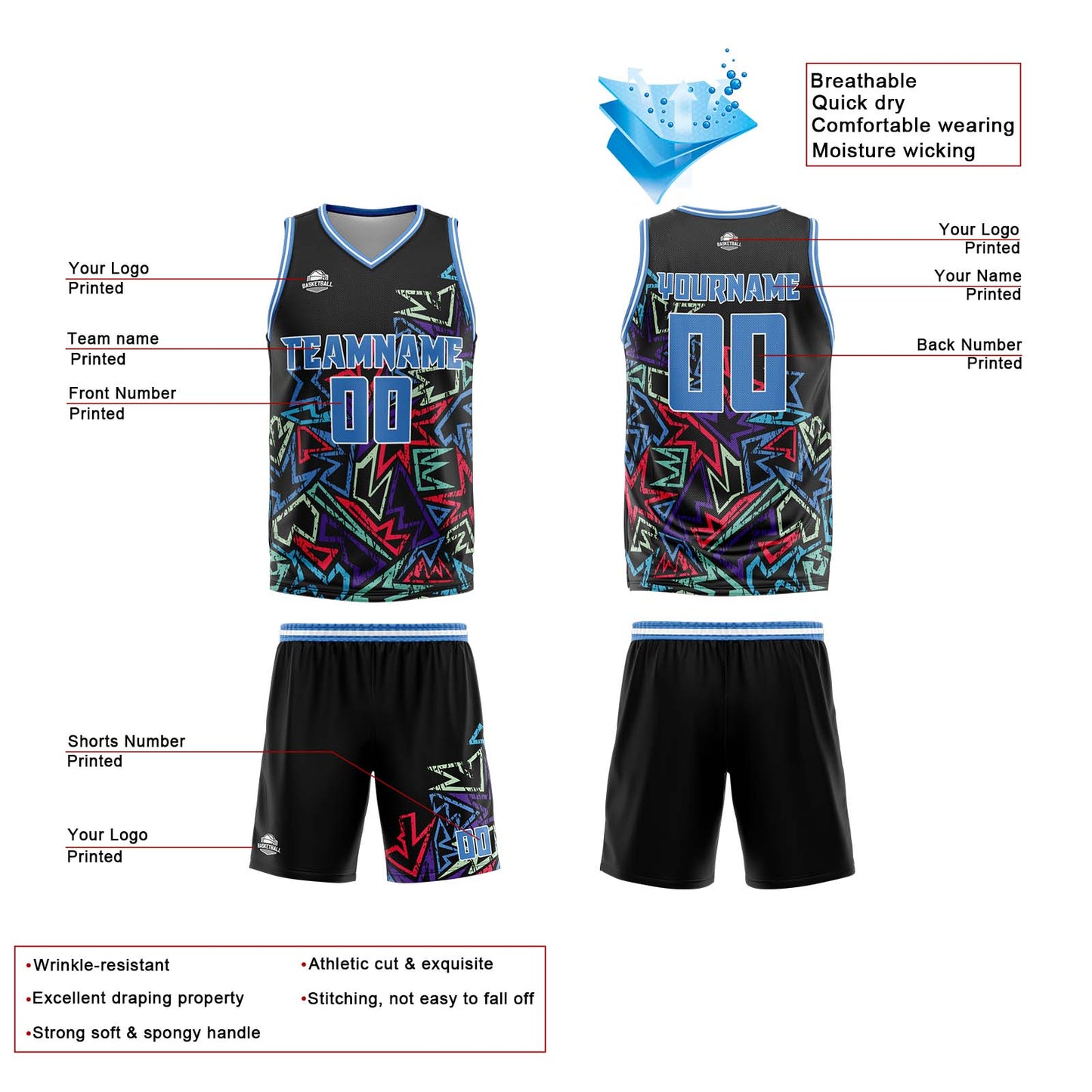 Benutzerdefinierter Blau Basketball Jersey Uniform Anzug gedruckt Ihr Logo Name Nummer