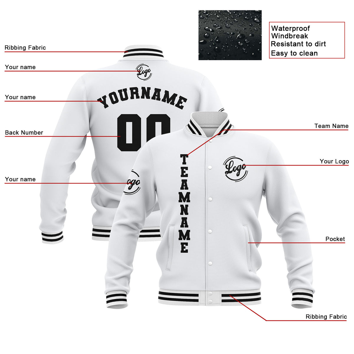 Benutzerdefiniert Weiß Wasserdichte Varsity Jacken Personalisiert genäht Name Nummer Logo zu Letterman Jacken