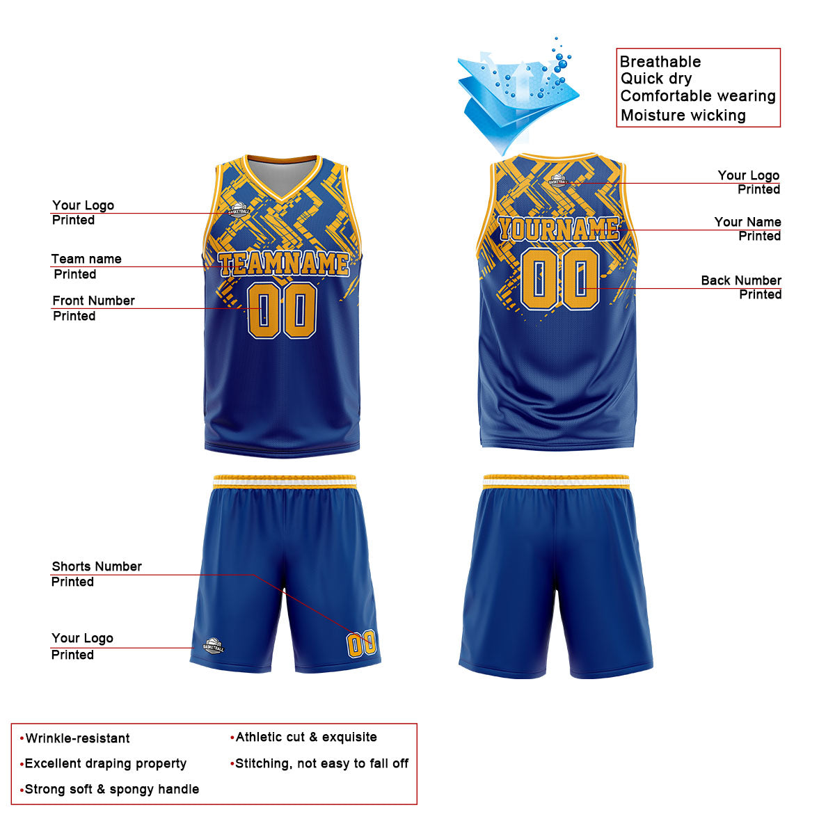 Benutzerdefinierter Blau Orange Basketball Jersey Uniform Anzug gedruckt Ihr Logo Name Nummer