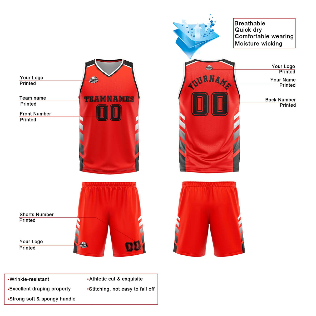 Benutzerdefinierte Orange Rot Weiß Schwarz Reversible Basketball Jersey Personalisierte Print Name Nummer Logo