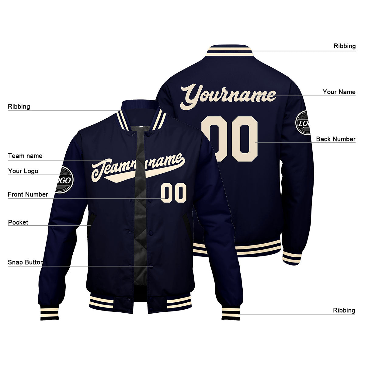 Benutzerdefinierte Verlauf Varsity-Jacke. Letterman-Jacke Marine Creme