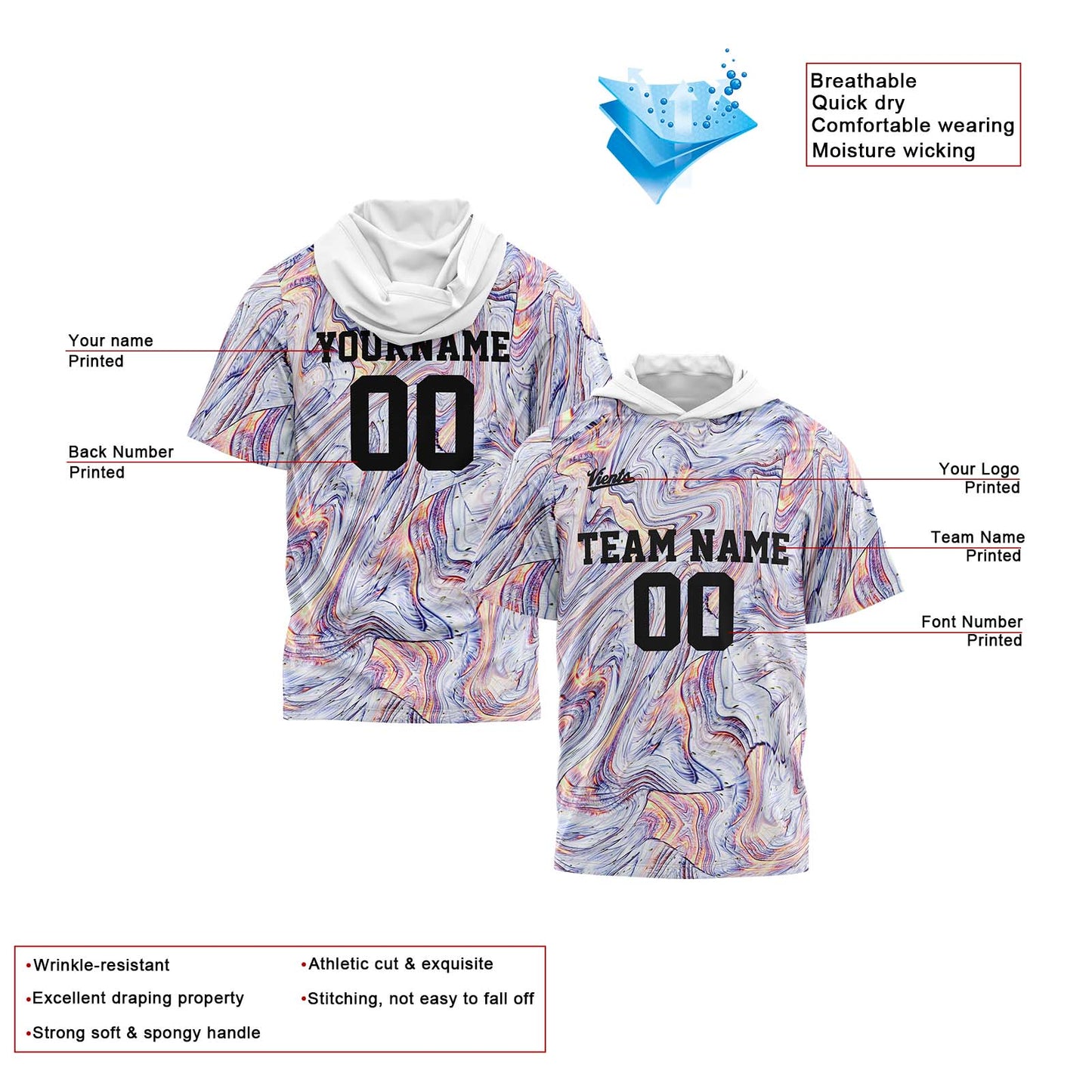 Benutzerdefinierte Weiß Kurzarm-Kapuzenpullover für Männer Frauen Hemden mit Kapuzen gedruckt Name Logo