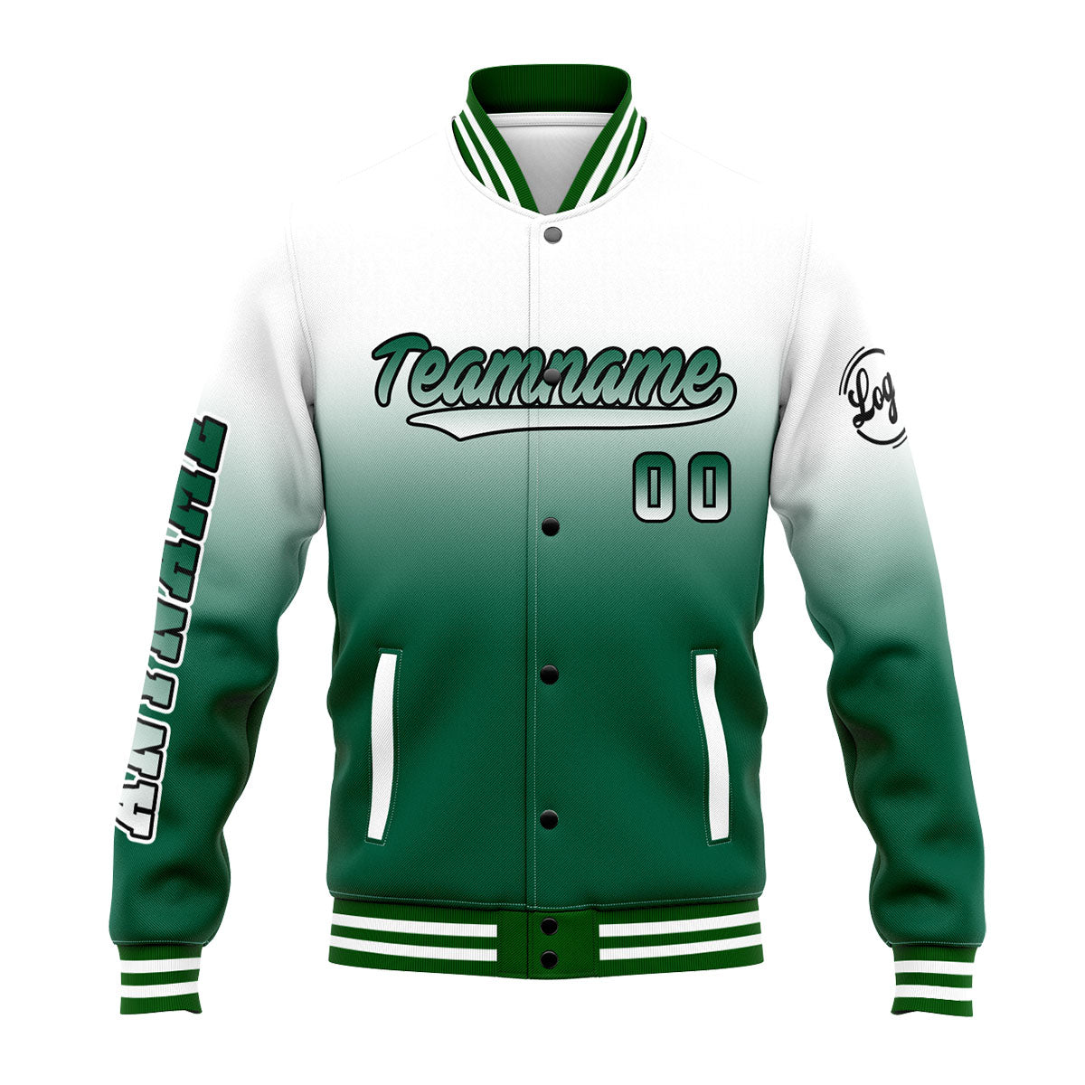 Benutzerdefinierte Verlauf Varsity-Jacke. Letterman-Jacke Weiß Grün