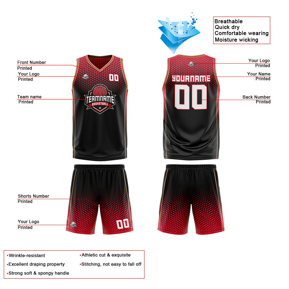 Benutzerdefinierte Schwarz Rot Gold Reversible Basketball Jersey Personalisierte Print Name Nummer Logo