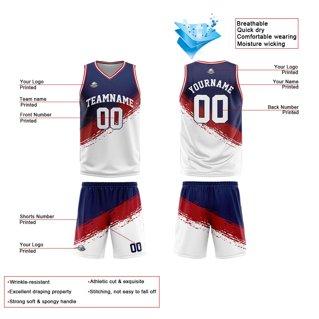 Benutzerdefinierte Reversible Basketball Jersey Personalisierte Print Name Nummer Logo Marine -Rot-Weiß