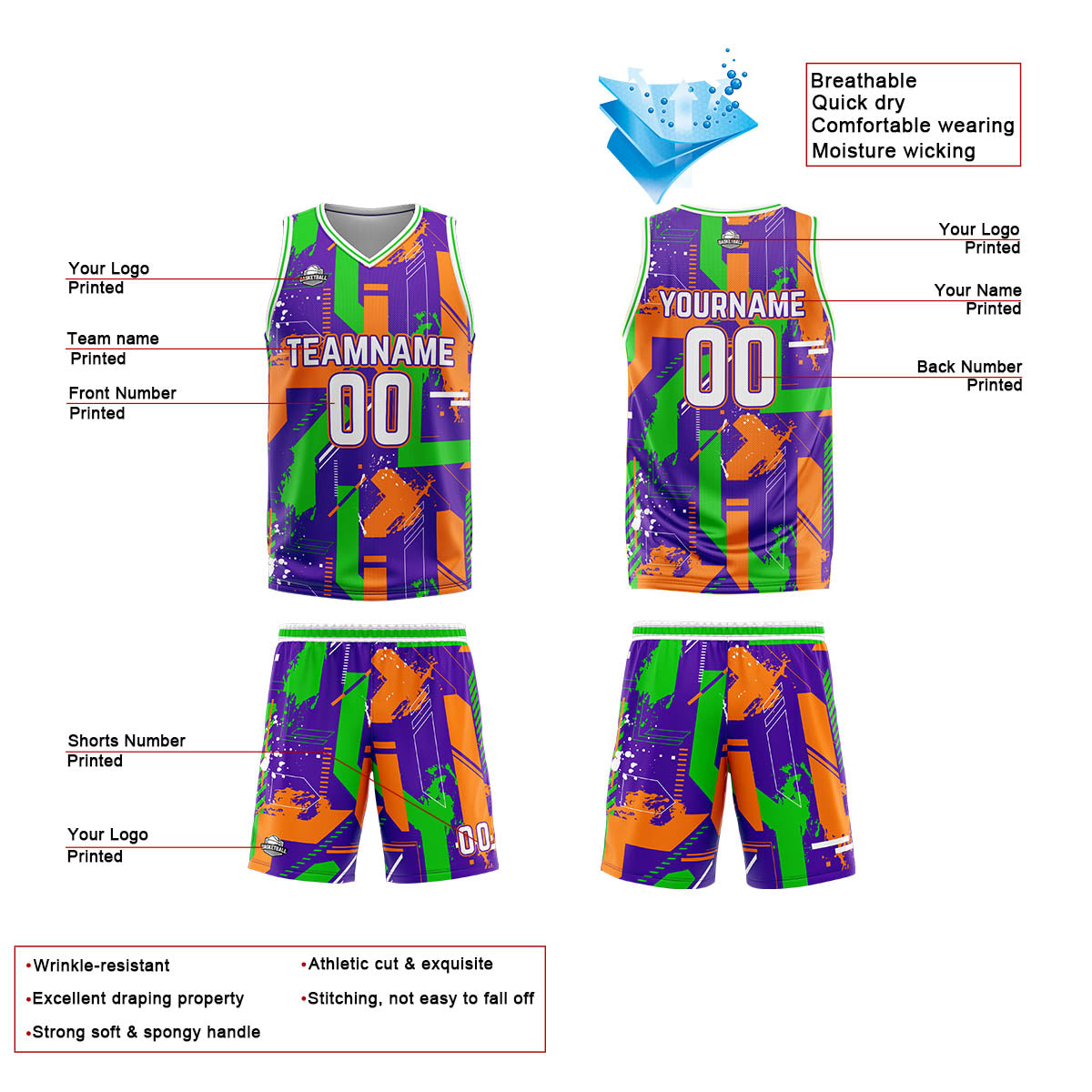 Benutzerdefinierte Lila Orange Reversible Basketball Jersey Personalisierte Print Name Nummer Logo