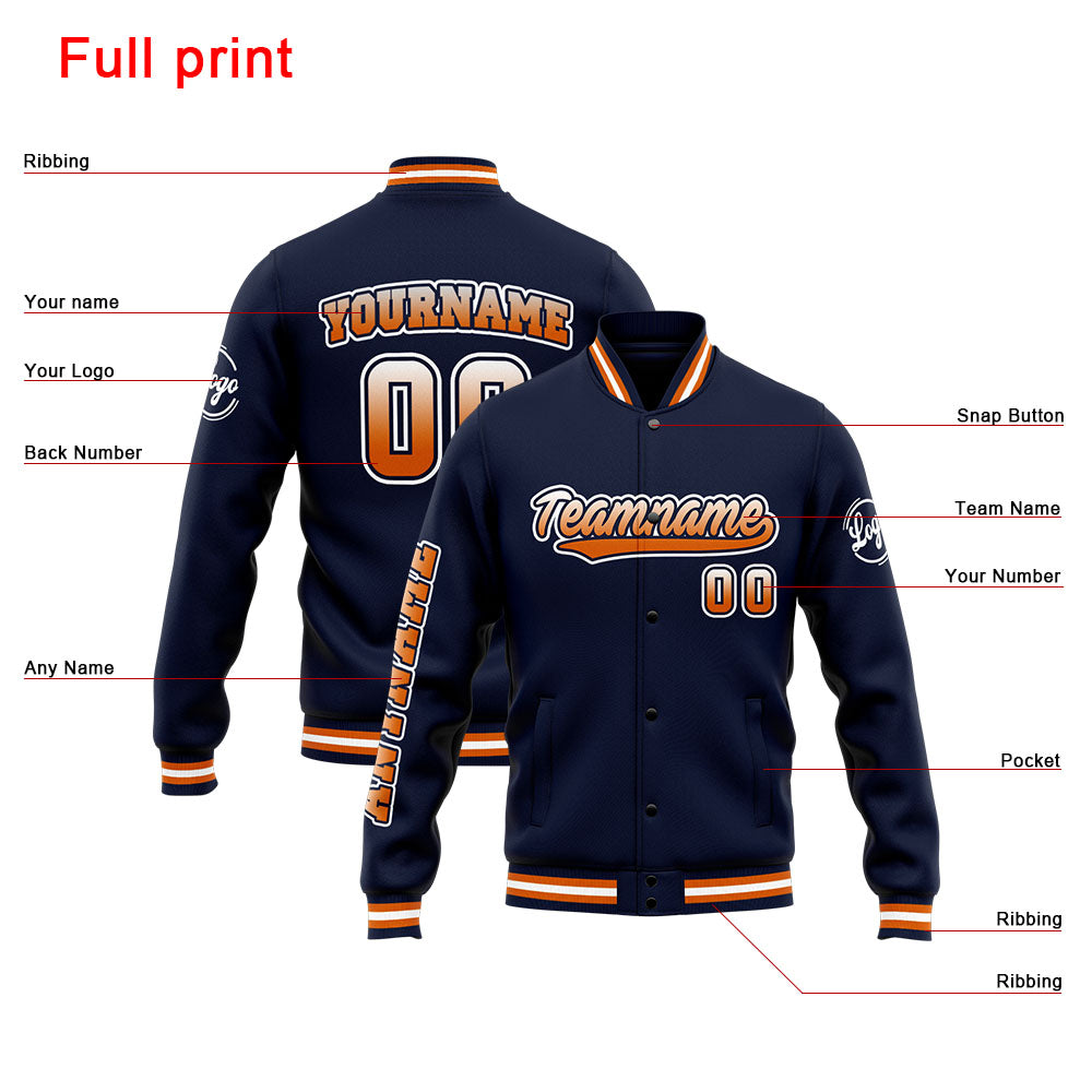 Benutzerdefinierte Varsity-Jacke. Letterman-Jacke für Männer, Frauen und Jugendliche Marine Orange