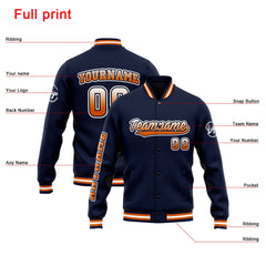 Benutzerdefinierte Varsity-Jacke. Letterman-Jacke für Männer, Frauen und Jugendliche Marine Orange