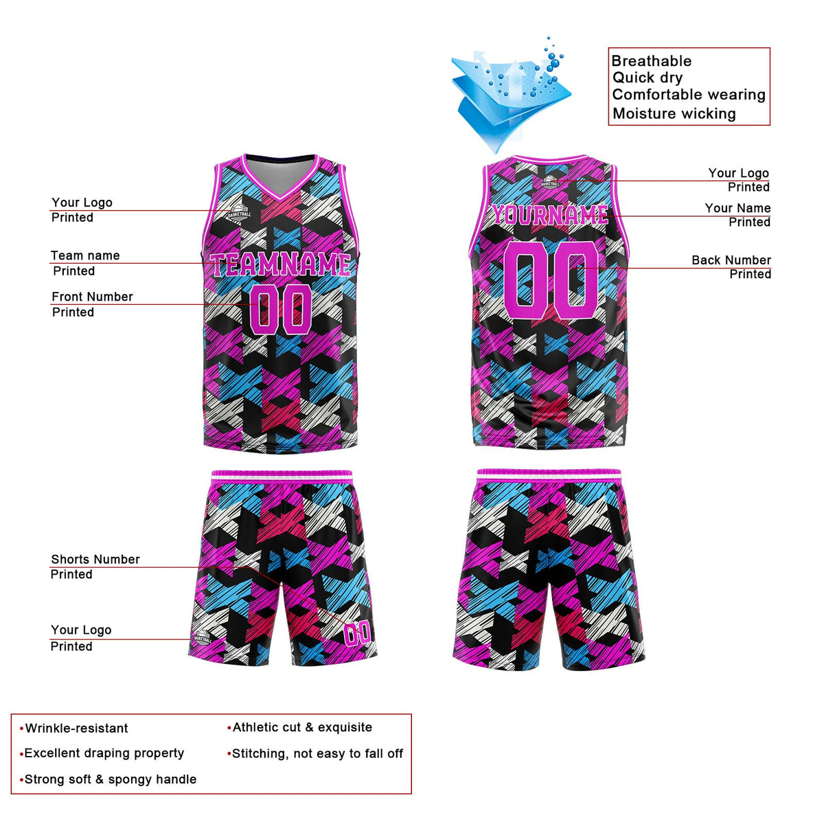 Benutzerdefinierte Rosa Blau Reversible Basketball Jersey Personalisierte Print Name Nummer Logo