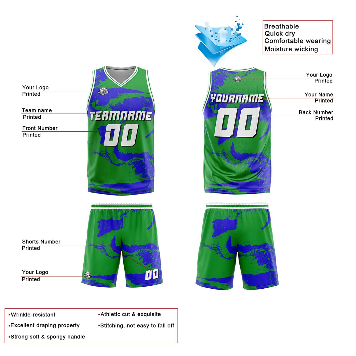 Benutzerdefinierte Grün Blau Reversible Basketball Jersey Personalisierte Print Name Nummer Logo