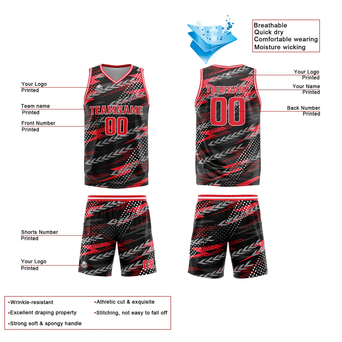 Benutzerdefinierte Schwarz Rot Grau Reversible Basketball Jersey Personalisierte Print Name Nummer Logo