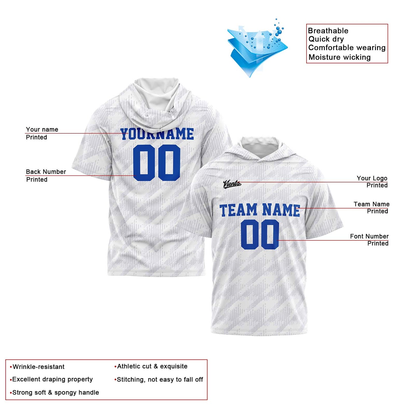 Benutzerdefinierte Weiß Kurzarm-Kapuzenpullover für Männer Frauen Hemden mit Kapuzen gedruckt Name Logo
