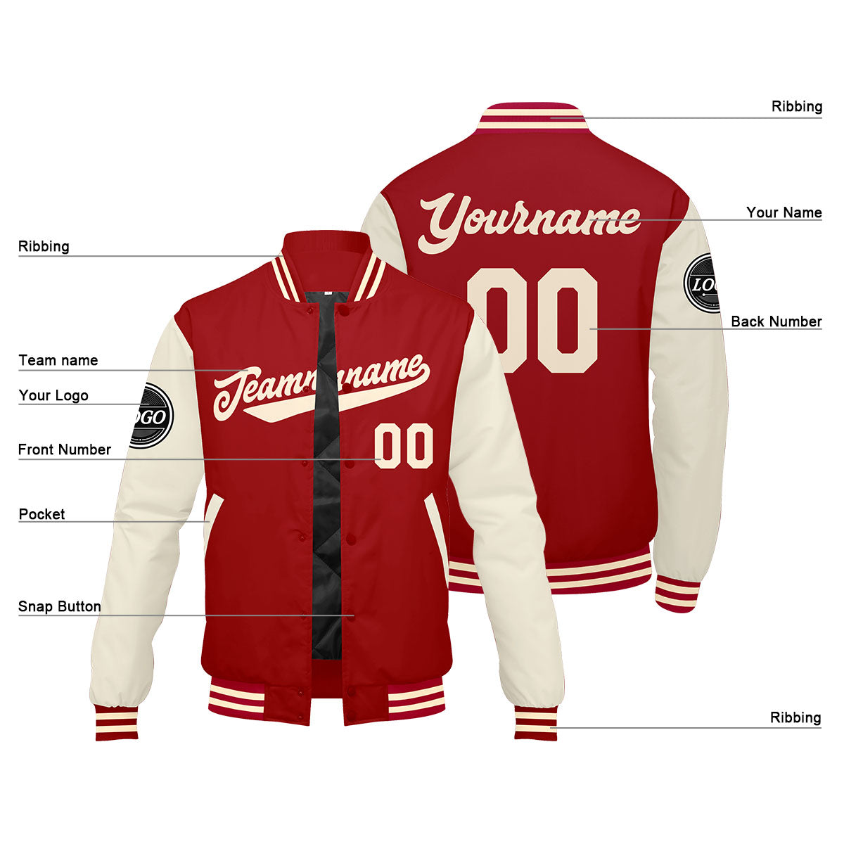 Benutzerdefinierte Verlauf Varsity-Jacke. Letterman-Jacke Rot Creme