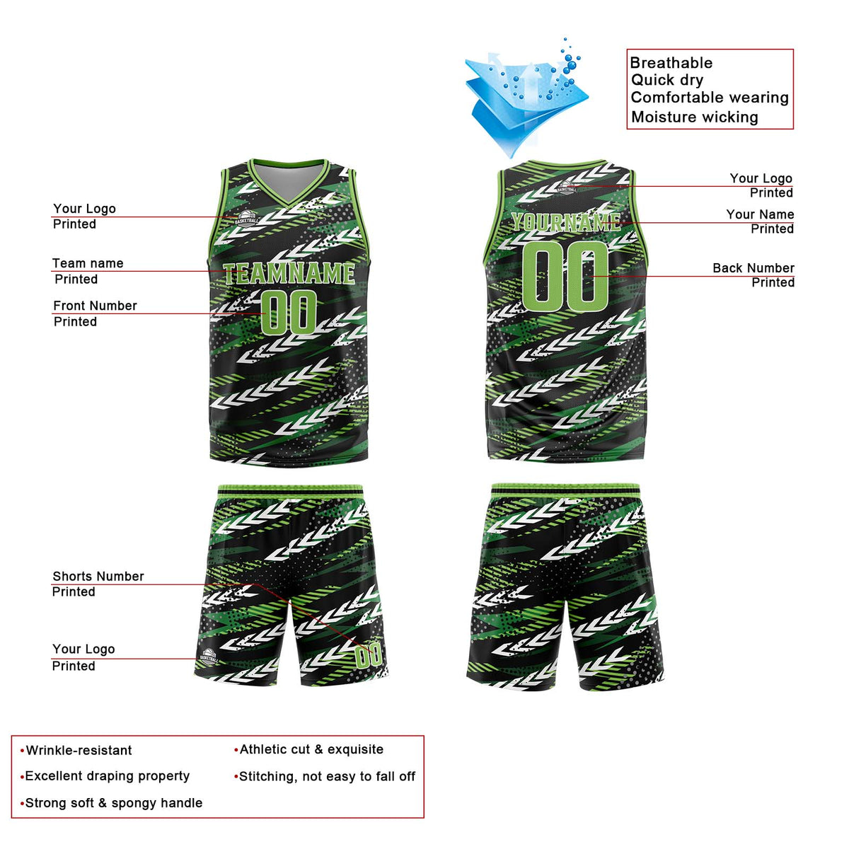 Benutzerdefinierter Schwarz Grün Basketball Jersey Uniform Anzug gedruckt Ihr Logo Name Nummer