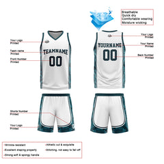 Benutzerdefinierter Weiß Dunkelgrün Basketball Jersey Uniform Anzug gedruckt Ihr Logo Name Nummer