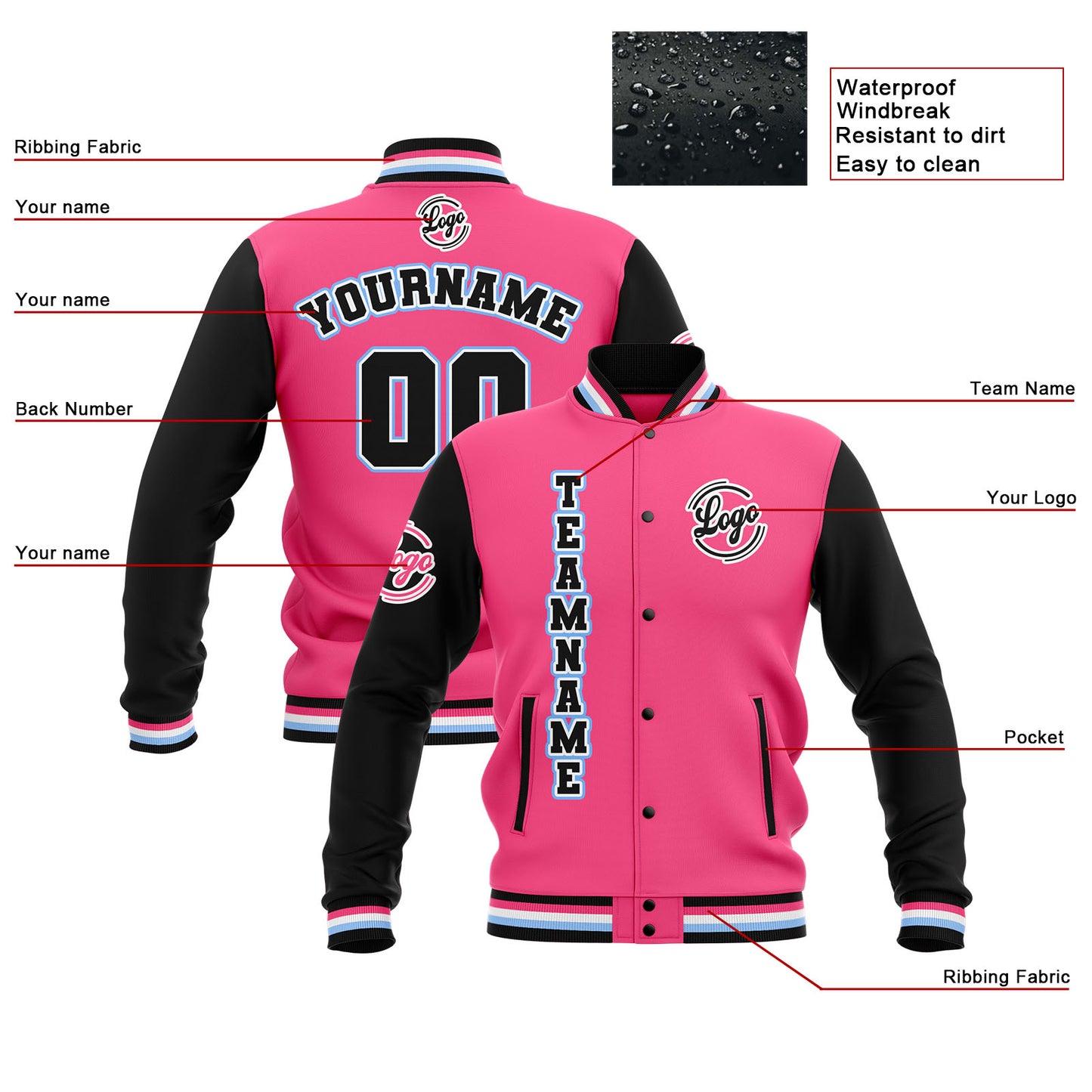 Benutzerdefiniert  Schwarz Rosa Hellblau Wasserdichte Varsity Jacken Personalisiert genäht Name Nummer Logo zu Letterman Jacken