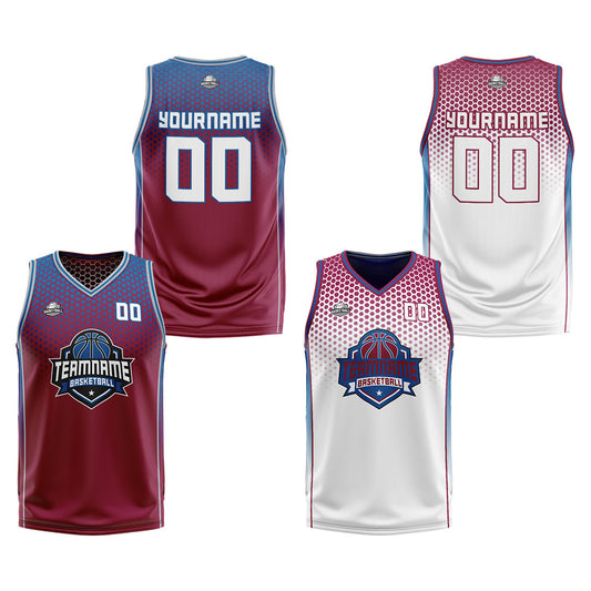 Benutzerdefinierte Rot Weiß Blau Reversible Basketball Jersey Personalisierte Print Name Nummer Logo