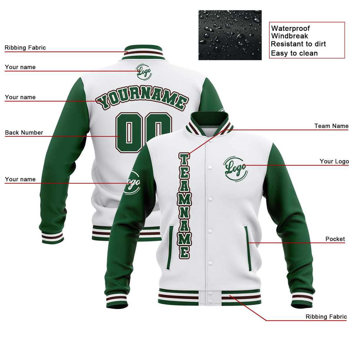 Benutzerdefiniert Weiß Grün Braun Wasserdichte Varsity Jacken Personalisiert genäht Name Nummer Logo zu Letterman Jacken