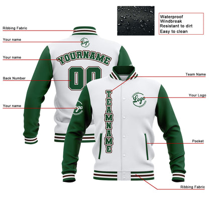 Benutzerdefiniert Weiß Grün Braun Wasserdichte Varsity Jacken Personalisiert genäht Name Nummer Logo zu Letterman Jacken