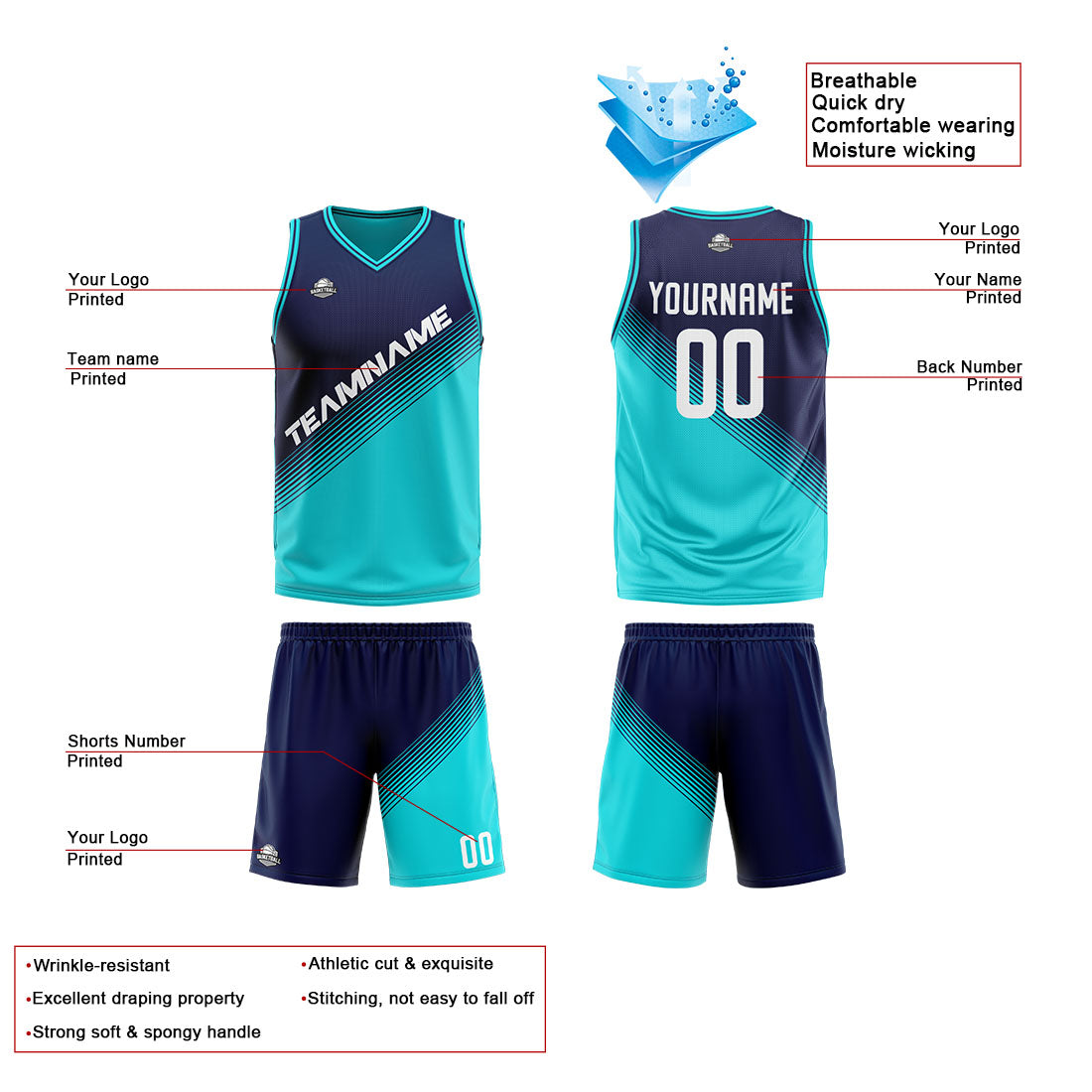 Benutzerdefinierte Reversible Basketball Jersey Personalisierte Print Name Nummer Logo Teal- Marine
