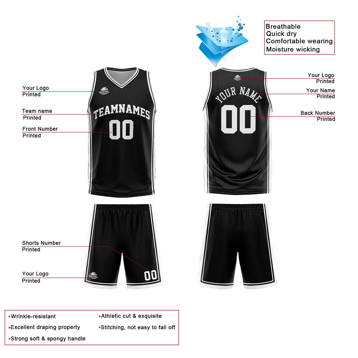 Benutzerdefinierte Schwarz Weiß Reversible Basketball Jersey Personalisierte Print Name Nummer Logo