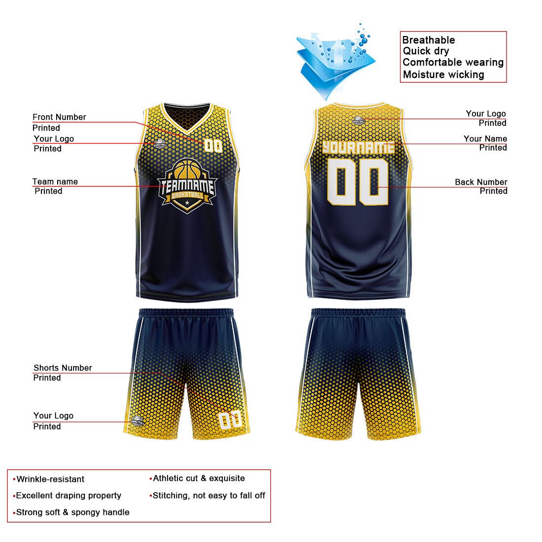 Benutzerdefinierte Marine Gelb Reversible Basketball Jersey Personalisierte Print Name Nummer Logo