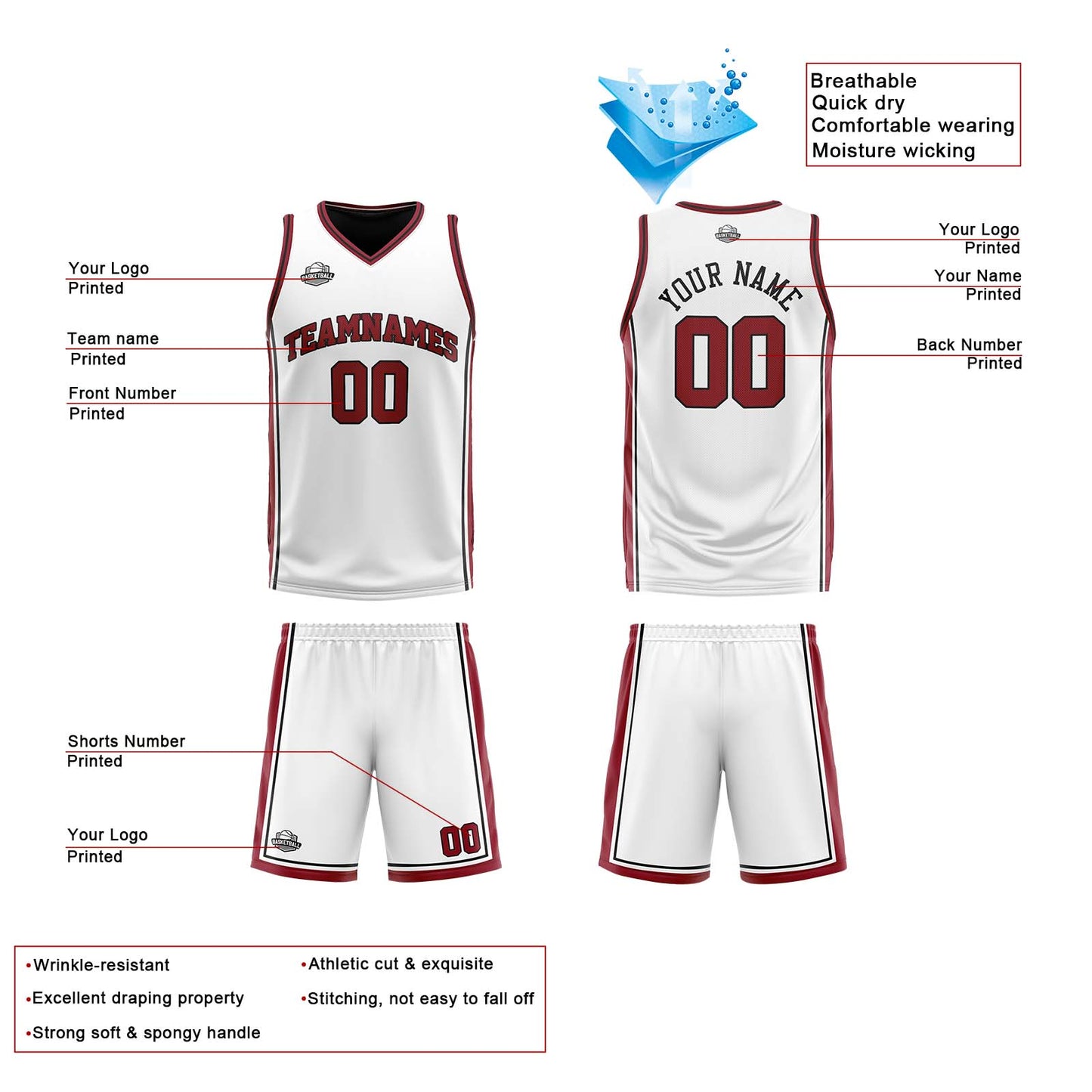 Benutzerdefinierte Weiß Schwarz Rot Reversible Basketball Jersey Personalisierte Print Name Nummer Logo