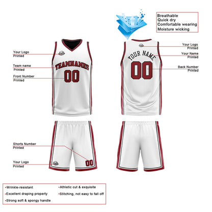 Benutzerdefinierte Weiß Schwarz Rot Reversible Basketball Jersey Personalisierte Print Name Nummer Logo